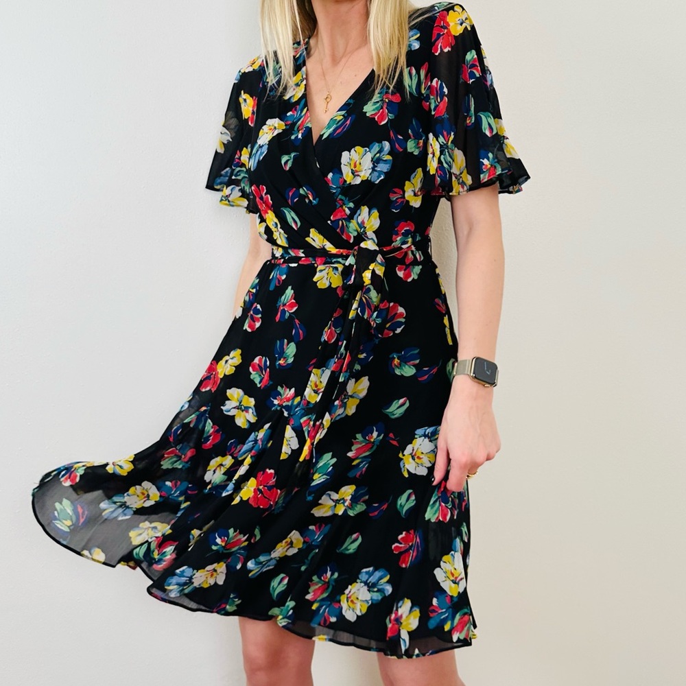 New Ralph Lauren Floral Crinkle Georgette Surplice Black Flowy Mini Belted Dress